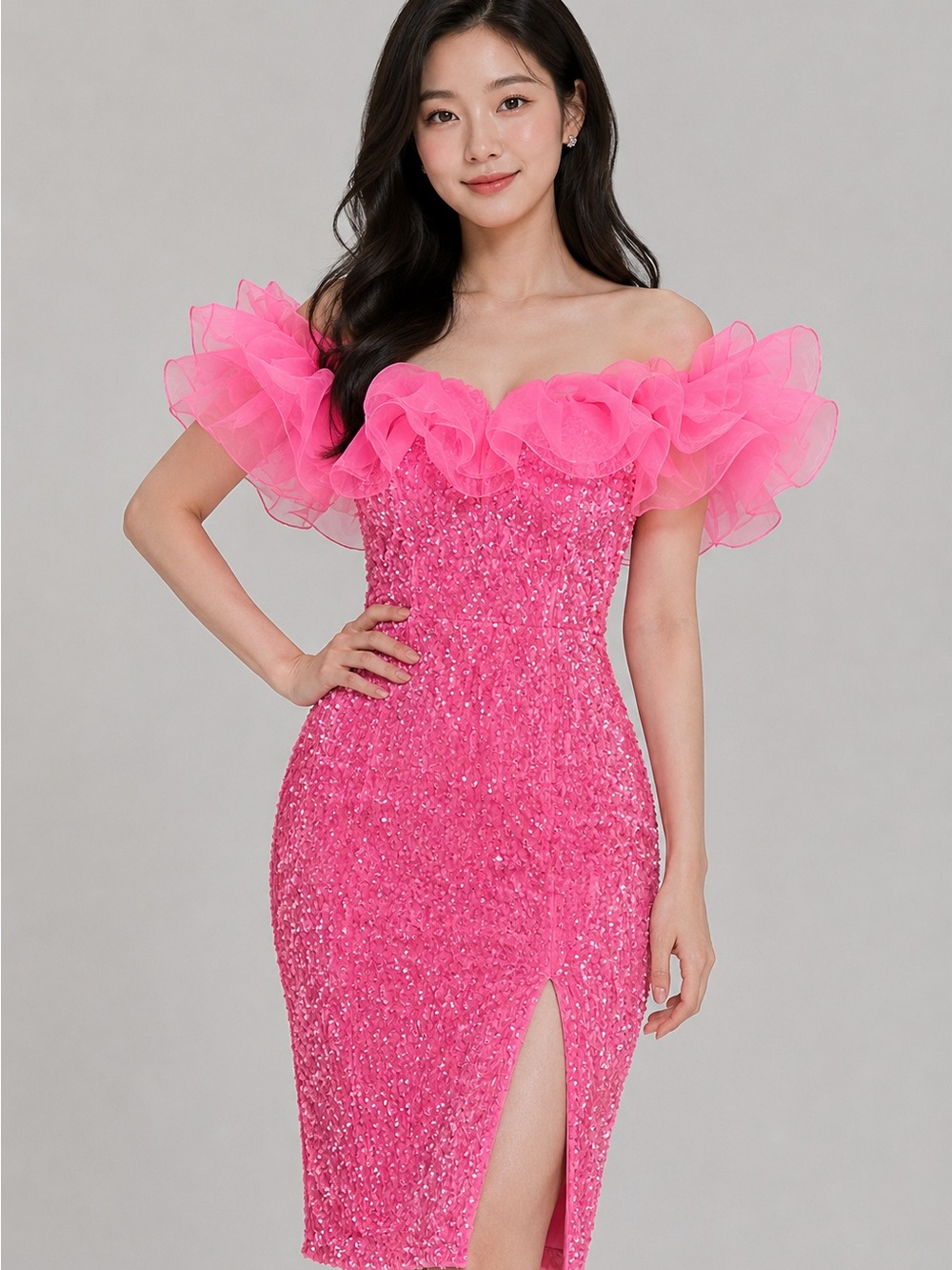 Off-Shoulder Pink Sequin Midi Dress with Ruffled Neckline